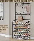 Freestanding Coat Rack And Shoe Organizer With Storage Shelf 4 Tier And 8 Hooks Black Steel For Entryway Bedroom Closet Or Dorm Durable Metal Construction