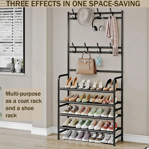 Freestanding Coat Rack And Shoe Organizer With Storage Shelf 4 Tier And 8 Hooks Black Steel For Entryway Bedroom Closet Or Dorm Durable Metal Construction