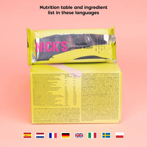 Vanilla Protein Wafer Bar Grab And Go Snack With Ten Grams Of Protein And Two Hundred Three Calories Low Carb No Added Sugar Gluten Free With Prebiotic Fiber Sweetened With Stevia And Erythritol 24 Bar Pack package with nutrition table.