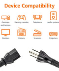 Universal 15 Foot Power Cord For PC Monitor And Printer 3 Prong 18 AWG 125V NEMA 5-15P To IEC320C13 UL Listed Black Cable with compatibility icons