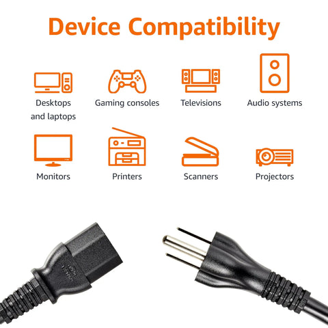Universal 15 Foot Power Cord For PC Monitor And Printer 3 Prong 18 AWG 125V NEMA 5-15P To IEC320C13 UL Listed Black Cable with compatibility icons