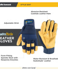 HydraHyde Water Resistant Leather Palm Work Gloves For Men With Flexible Spandex Back And Adjustable Closure Blue X Large