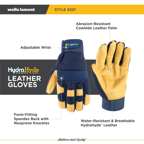 HydraHyde Water Resistant Leather Palm Work Gloves For Men With Flexible Spandex Back And Adjustable Closure Blue X Large