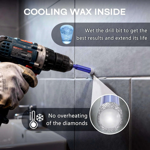 6-piece dry diamond drill bit set in use on a power drill drilling tile with blue hex-shank bits