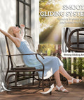 Woman relaxing on Outdoor Glider Bench With Center Table Metal Frame Patio Loveseat With Breathable Mesh Fabric And Armrests
