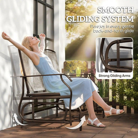 Woman relaxing on Outdoor Glider Bench With Center Table Metal Frame Patio Loveseat With Breathable Mesh Fabric And Armrests