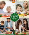 Toy 28-piece toddler knife set for kids; kid-safe kitchen knives with cutting board; Healthy Life logo