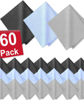 Zeefpod 60-pack microfiber cleaning cloths (6x7 in) for screens, cameras, eyeglasses; black, grey and light blue.