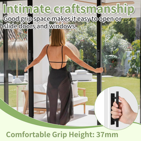 Woman using Self Stick Adhesive Cabinet Handles 30 Pack with Double Sided Tape on sliding doors, black finish shown.