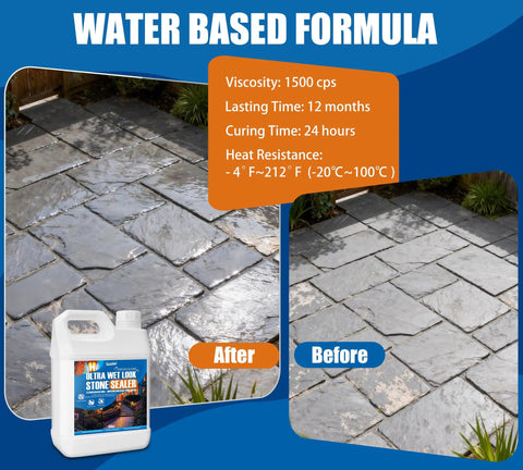 Top Shelf Wet Look Stone Sealer And Concrete Shield Comes With A Hassle Free Trigger Spray To Lay Down A Slick Coating On Driveways And Patios Enhances Natural Texture While Keeping Moisture Out Smoothly, showcasing before and after applications on stone patio.