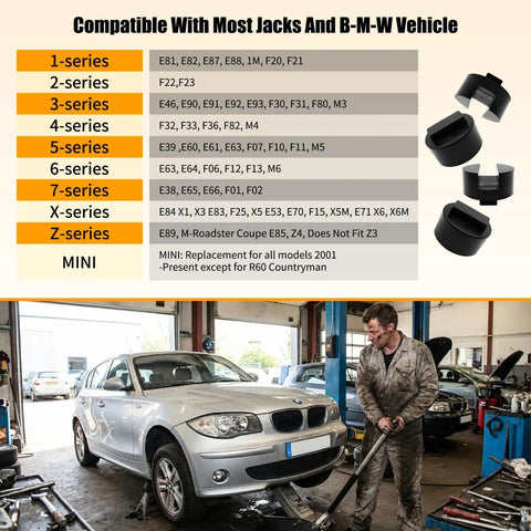 Jack Pad Adapters For BMW And Mini Cars Pinch Weld Frame Rail Protector in use with a BMW car on a garage lift