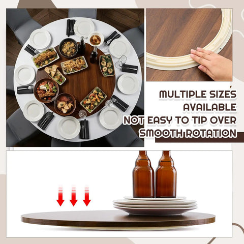 Solid Piece 20 Inch Black Walnut Lazy Susan Serving Tray Featuring A Smooth Operator Rotating Turntable Platform With Heaps Of Space For Condiments And Dinner Parties, displaying a variety of dishes on a round table.