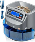 Premium Usd Coin Counter And Automatic Currency Sorting Machine With Fast Five Bin System and High Speed Rolling Capability Featuring Pro Grade Build Quality and No Sweat Cash Management For Stores with coins and display.