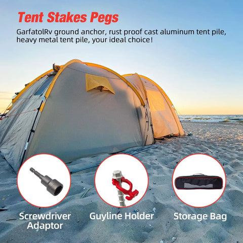 Beefy Aluminum Ground Anchors Set For Tents And Outdoor Gear Rustproof Heavy Duty Stakes with spiral blade and accessories.