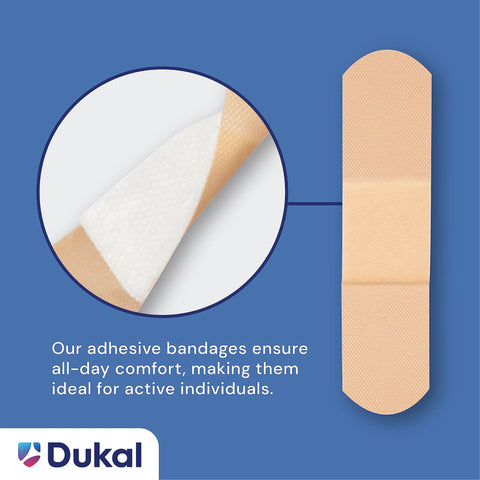 Beige adhesive bandage strip, 3/4 in x 3 in, Dukal brand, textured breathable surface (front view)