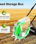 12 Nozzles Hand Push Garden Seeder with clear shell showing seeds, on farmland with 5.31 inch spacing and 8.82 lb capacity