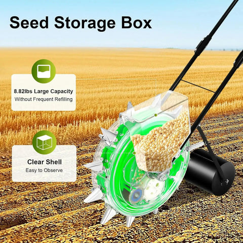 12 Nozzles Hand Push Garden Seeder with clear shell showing seeds, on farmland with 5.31 inch spacing and 8.82 lb capacity