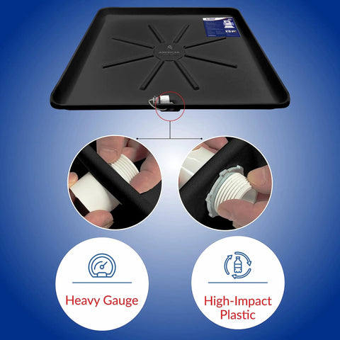 Heavy Duty Washing Machine Drain Pan With One Inch Drain Adapter Included For Leak Proof Floor Protection In Rust Resistant Plastic 30 Inch By 32.5 Inch By 1.75 Inch One Pack featuring heavy gauge and high-impact plastic close-up.