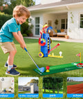 Kid enjoying Kid Friendly Golf Set For Indoor And Outdoor Play Featuring 3 Adjustable Clubs, balls, and mobile cart