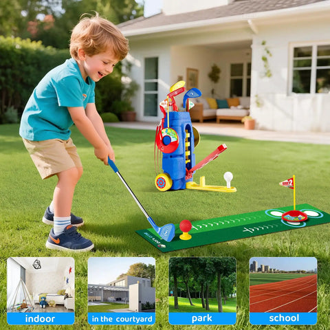 Kid enjoying Kid Friendly Golf Set For Indoor And Outdoor Play Featuring 3 Adjustable Clubs, balls, and mobile cart