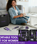 Woman using General Household Tool Set For Women And DIYers With A Purple Hand Tool Kit And Waist Pouch, includes 112 tools.