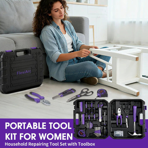 Woman using General Household Tool Set For Women And DIYers With A Purple Hand Tool Kit And Waist Pouch, includes 112 tools.