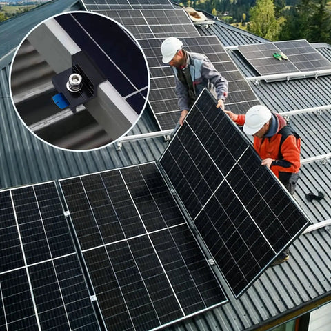 Two workers installing solar panels using Hella Rugged Solar Panel End Clamps 20 Piece Set For Standard Unistrut Aluminum Rails With Included Nuts And Bolts.