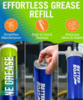 Three-panel collage of Better Boat marine grease: left green 14 oz tube, blue can opened, right blue can installed on trailer.