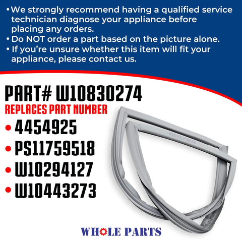 Premium Replacement French Door Gasket Seal For Refrigerator W10830274 Fits JennAir KitchenAid Maytag Whirlpool 32.09x16.93 Inches displayed on blue background with part numbers.