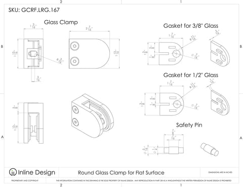 Technical drawing of Heavy Duty Round Glass Clamp for Flat Surfaces 3/8 to 1/2 Inch Glass, Stainless Steel 316, with gaskets and safety pin