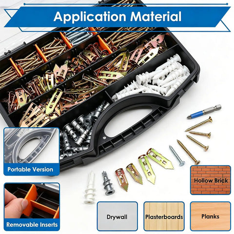 480 Piece Drywall Anchors And Self Drilling Screws Kit for hanging frames, curtains, plants; organized toolbox with various screws