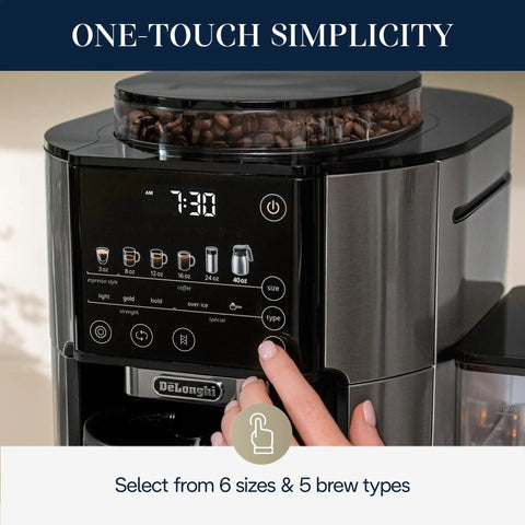 TrueBrew Drip Coffee Maker With Built-In Grinder And Bean Extract Technology, close-up of digital display and settings