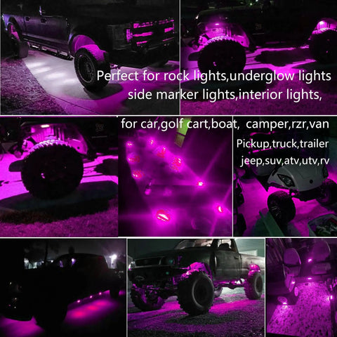 Purple LED Rock Lights 10 Pack Underglow Lighting Kit Universal for wheel wells illuminating various vehicles at night