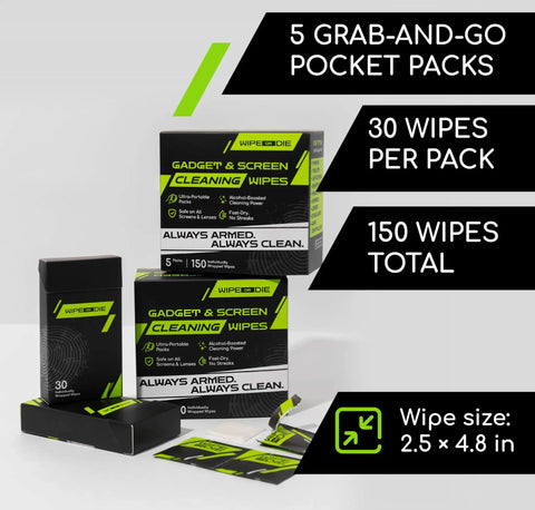 Streak Free Electronic Screen Wipes for Phones Tablets and Car Displays 150 Wipes in Five Pocket Size Packs Alcohol Boosted
