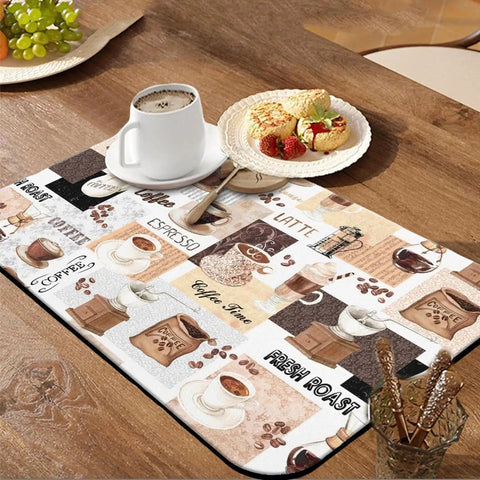 Absorbent Coffee Mat Bar For Countertop And Bar Areas Silicone Non Slip Kitchen Counter Mat Waterproof 19 Inch By 12 Inch Coffee Spill Mat Protects Surfaces From Drips Keeps Counters Dry And Clean with coffee and pastry on wooden counter.
