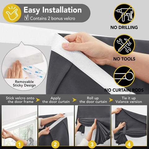 Hands installing Blackout Door Curtain Panel For Front Door And Small Windows, Thermal Insulated Privacy And Light Blocking, One 26x40 Inch Panel In Dark Grey on door using velcro.