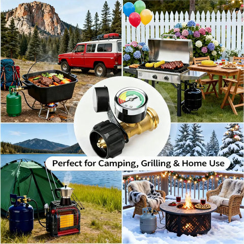 Propane Tank Gauge Gas Pressure Meter with QCC1 Type 1 Connection beside grills and camping scenes, solid brass