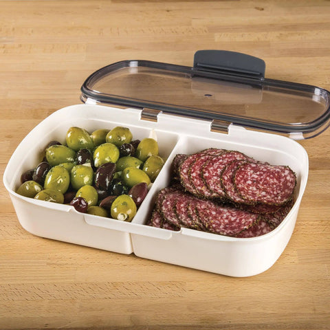 Split Deli Storage Container With Airtight Silicone Seal And Dry Erase Lid For Meats And Cheeses, Keeps Bacon Fresher Longer, The 11.75 Inch Kitchen Organizer You Need, filled with olives and salami
