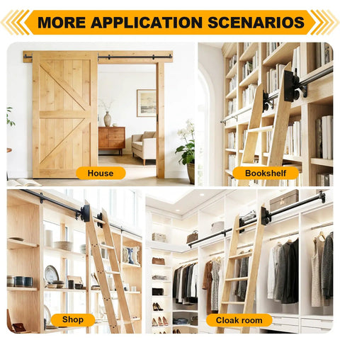Heavy Duty Rolling Library Ladder Hardware Kit Crafted From Solid Carbon Steel Tracks With Smooth Braking Casters For No Sweat Home Storage Setup That Rolls Like Butter in multiple application scenarios including house, bookshelf, shop, and cloak room.