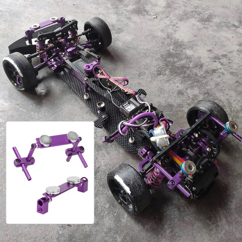 Stealth Invisible RC Magnetic Body Mount Kit 2 Pieces Lightweight Aluminum Alloy Shell Mount For HSP 1/10 RC Touring And Drift Cars Strong Magnets For Quick Replacement Purple, shown on RC car chassis.