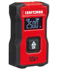 Handy Pocket Laser Distance Measurer With 55 Ft Range, Rechargeable Li Ion Battery, USB Charging, One Button Operation, And Backlit LCD Display For Quick, Easy Measurements On the Go. Red and black handheld laser measurer with backlit LCD and ON button.