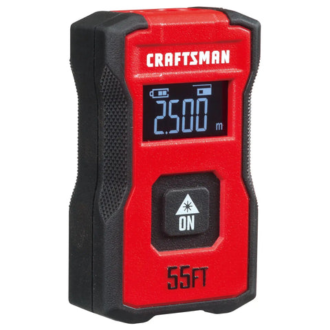 Handy Pocket Laser Distance Measurer With 55 Ft Range, Rechargeable Li Ion Battery, USB Charging, One Button Operation, And Backlit LCD Display For Quick, Easy Measurements On the Go. Red and black handheld laser measurer with backlit LCD and ON button.