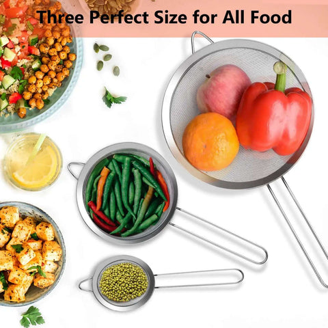 Three Piece Fine Mesh Strainer Set With Handles For Sifting Wet Or Dry Ingredients In The Kitchen shown with fruits and vegetables