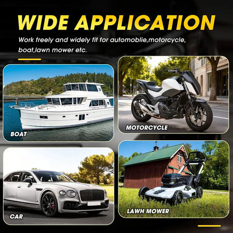 Image showing wide application of Versatile 6.5L Oil Extractor Pump With Dual Pneumatic And Manual Modes for cars, boats, motorcycles, and lawn mowers.