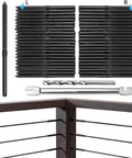 80 Pack Black T316 Stainless Steel Left And Right Handed Lag Screws For One Eighth Inch Cable Railing Deck And Stair Wood Post Hardware Kit With Easy Tensioning No Turnbuckle Needed Rust Resistant, shown with an L and R marking, tools, and installed on wood post.