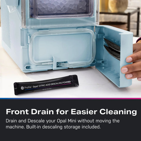 Portable Countertop Nugget Ice Maker Delivers Sick Chill Levels With Legit Chewable Snow Ice Ready Fast showing front drain for easy cleaning.
