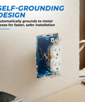 Built Tough 20 Amp Tamper Resistant Duplex Receptacle Outlet 10 Pack Snaps Into Place With Matching Wall Plates Smooth Back Or Side Wire Entry Nema 5 20R White installed in wall box.
