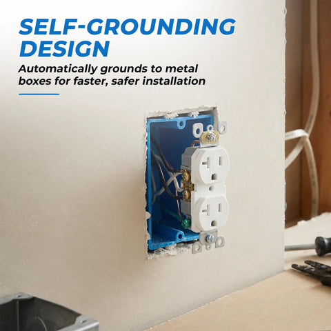 Built Tough 20 Amp Tamper Resistant Duplex Receptacle Outlet 10 Pack Snaps Into Place With Matching Wall Plates Smooth Back Or Side Wire Entry Nema 5 20R White installed in wall box.