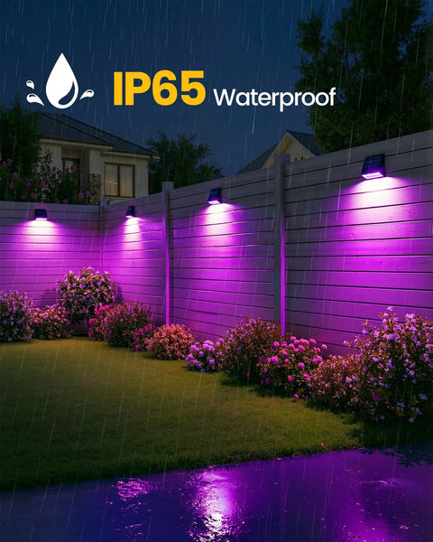 4 Pack Solar Fence Lights With Remote Control, Ultra Bright 100 Lumen illuminating a backyard scene in purple under rain, IP65 waterproof.