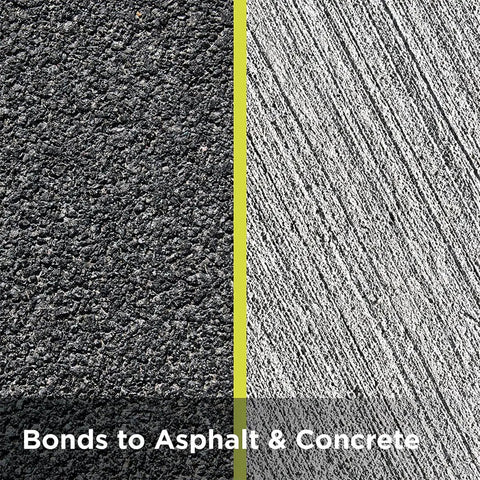 Peel And Seal Driveway Patch For Long Lasting Pothole Repair That Bonds To Asphalt And Concrete Keeps Water Out shown half on asphalt, half on concrete.